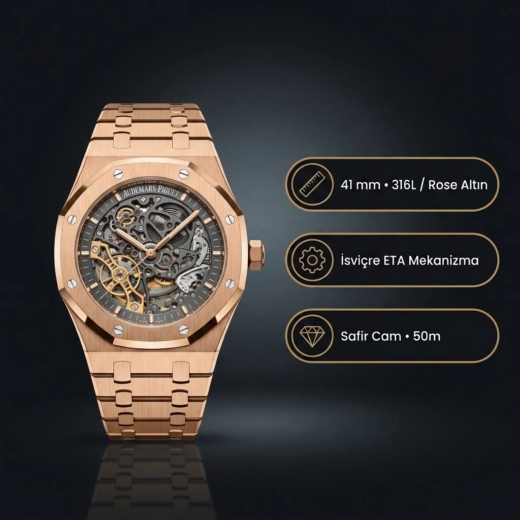 Audemars Piguet 15407 İskelet (Openworked) Kadranlı Skeleton Rose Gold Super Clone ETA Saat