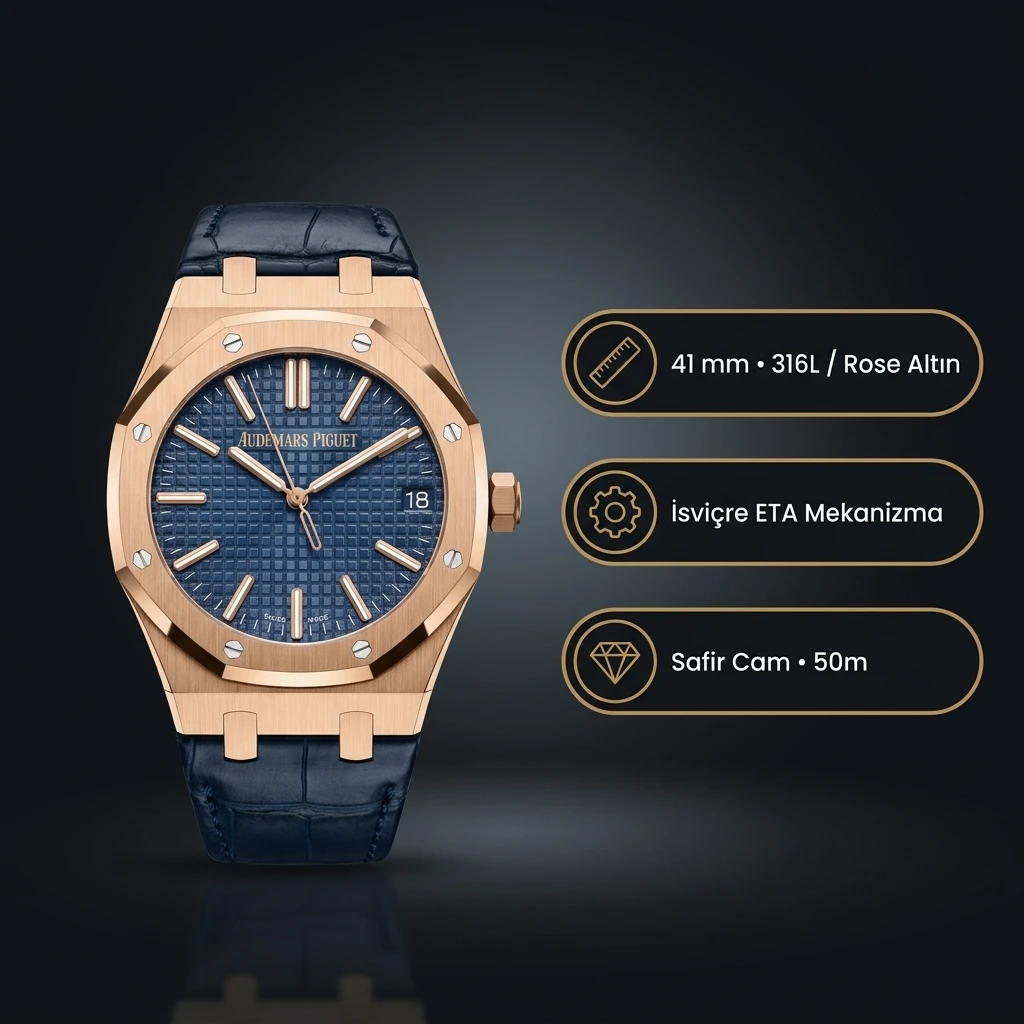Audemars Piguet 15500OR Mavi Kadranlı Rose Gold Deri Super Clone ETA Saat