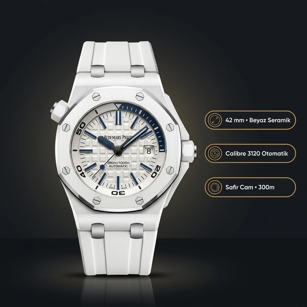 Audemars Piguet 15710CE Beyaz Kadranlı Offshore Seramik Kauçuk Kordon Super Clone ETA Saat