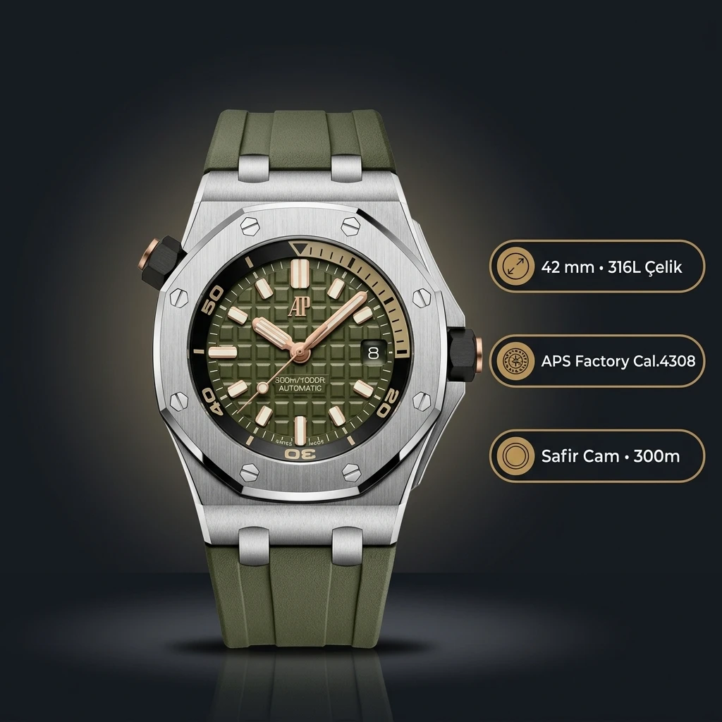 Audemars Piguet 15710ST Yeşil Kadranlı Offshore Kauçuk Kordon Super Clone ETA Saat