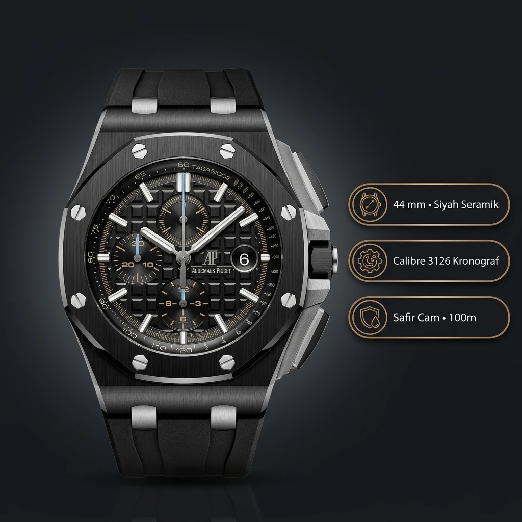 Audemars Piguet 26401CE Siyah Kadranlı Skeleton Chronograph Seramik Kauçuk Kordon Super Clone ETA Saat