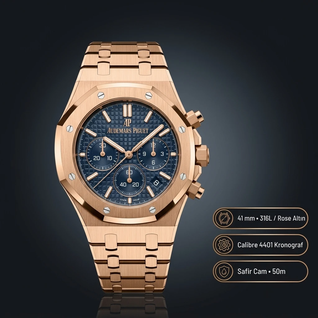 Audemars Piguet 26470OR Mavi Kadranlı Chronograph Rose Gold Kauçuk Kordon II Super Clone ETA Saat