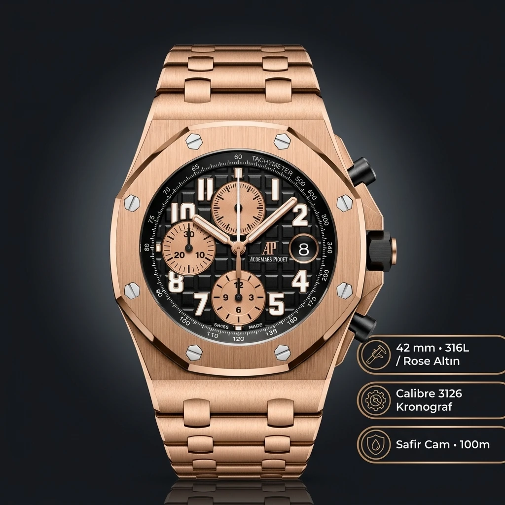 Audemars Piguet 26470OR Siyah Kadranlı Chronograph Rose Gold Bilezik Super Clone ETA Saat
