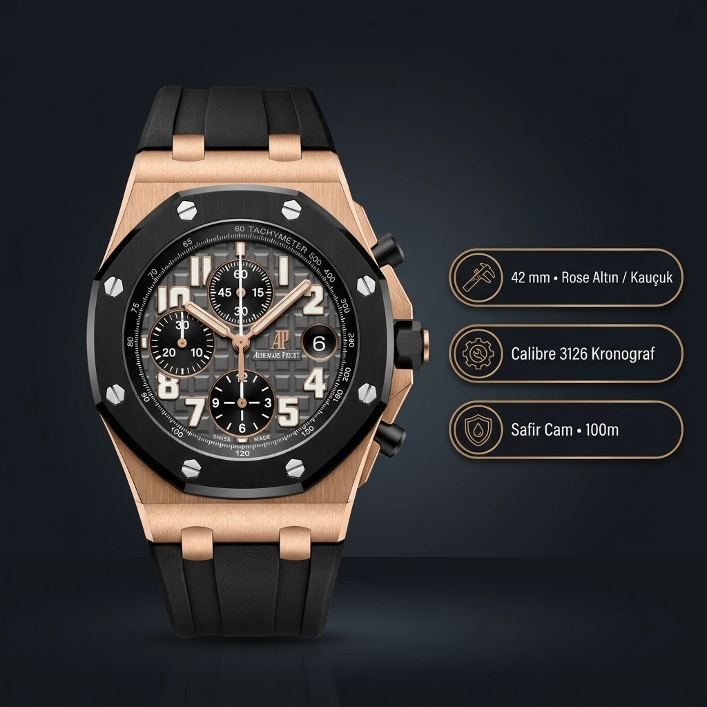 Audemars Piguet 26470OR Siyah Kadranlı Chronograph Rose Gold Kauçuk Kordon Zarif Super Clone ETA Saat