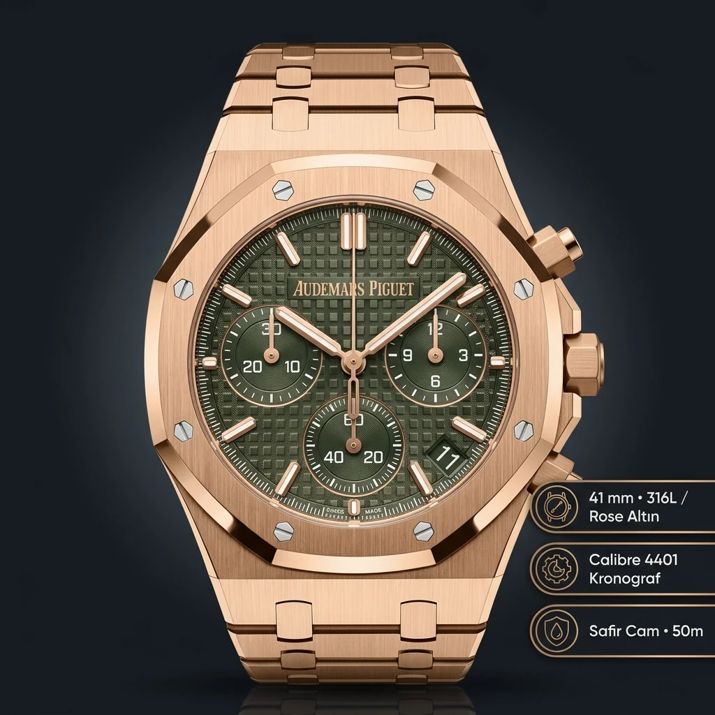 Audemars Piguet 26470OR Yeşil Kadranlı Chronograph Rose Gold Kauçuk Kordon II Super Clone ETA Saat