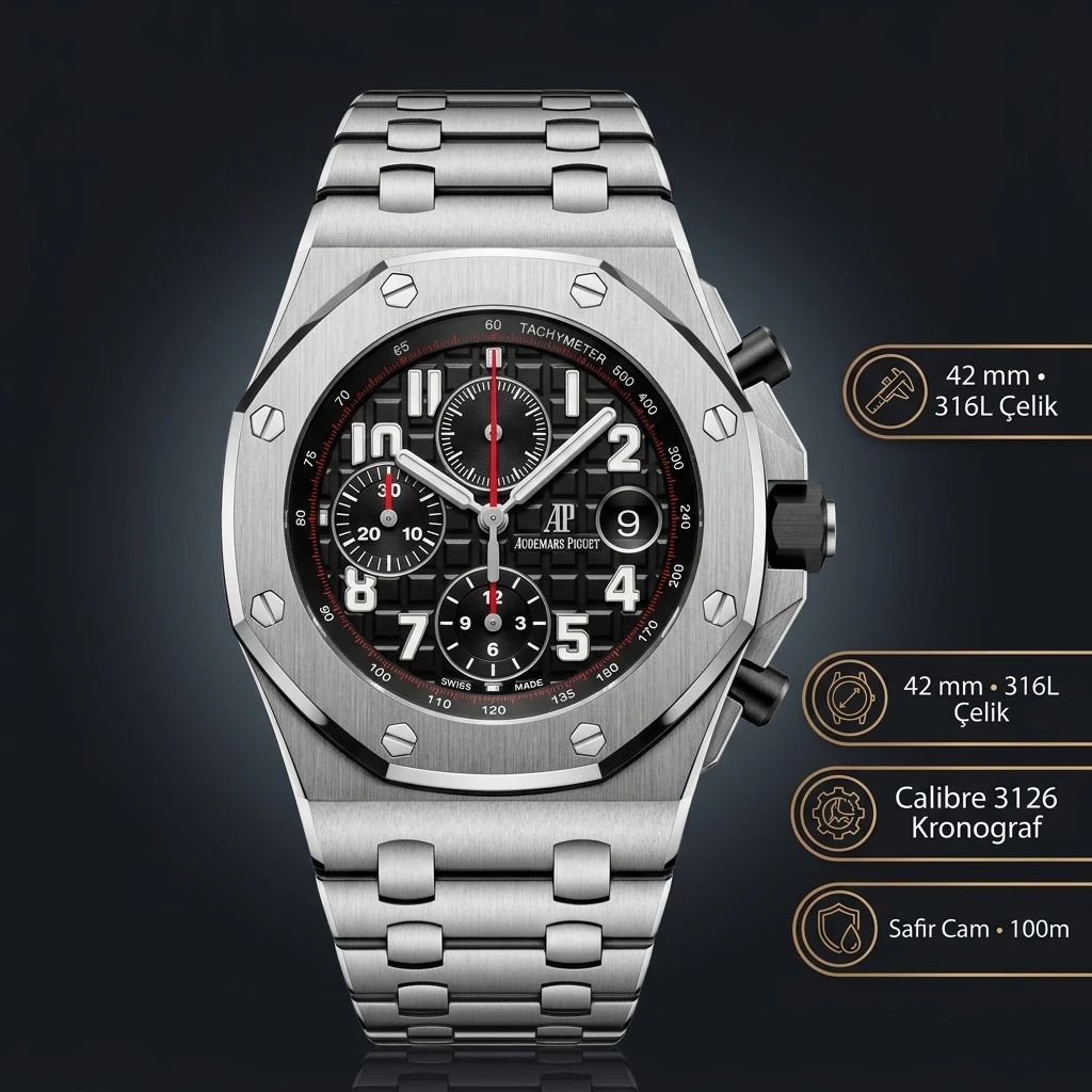 Audemars Piguet 26470ST Siyah Kadranlı Chronograph Bilezik II Super Clone ETA Saat