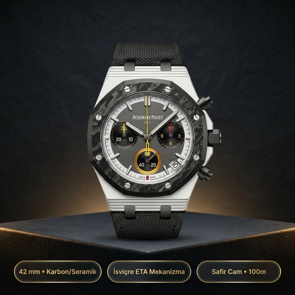 Audemars Piguet DiW Royal Oak Chronograph 42 MM Beyaz Kuvars Karbon Kasa Karbon Bezel Gri Siyah Kadran Siyah Kumaş Kordon Super Clone ETA Saat