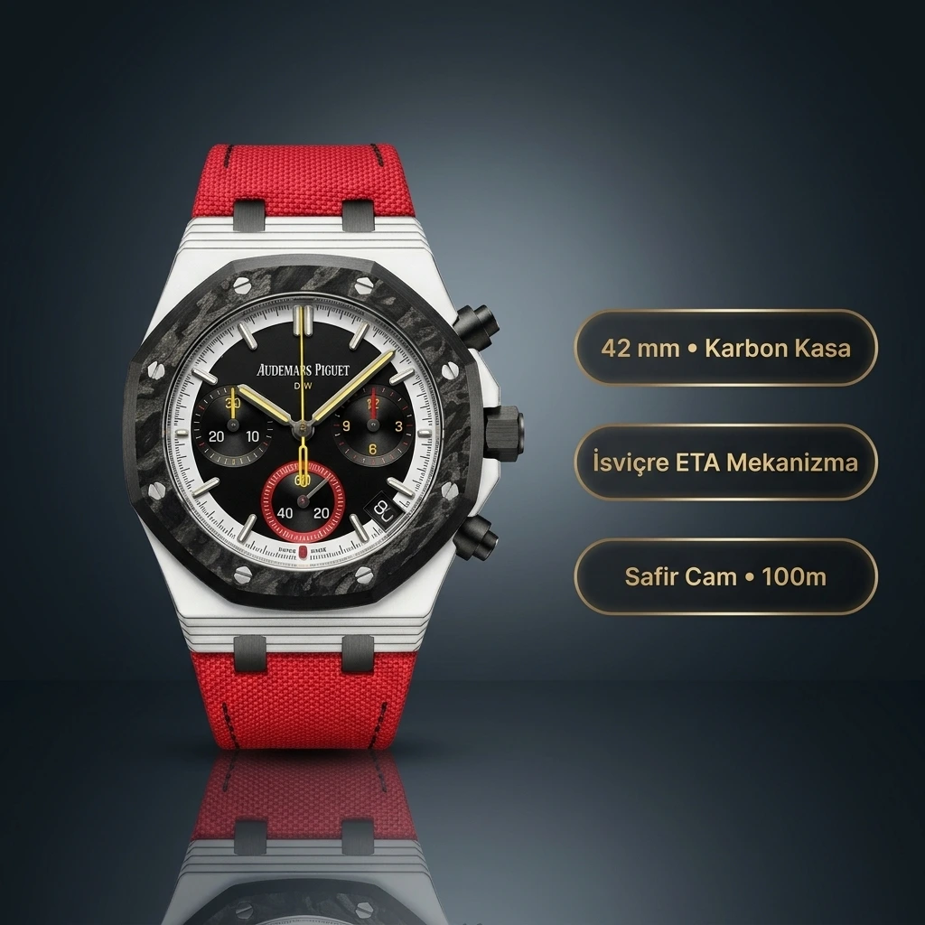 Audemars Piguet DiW Royal Oak Chronograph 42 MM Beyaz Kuvars Karbon Kasa Karbon Bezel Siyah Kadran Kırmızı Kumaş Kordon Super Clone ETA Saat