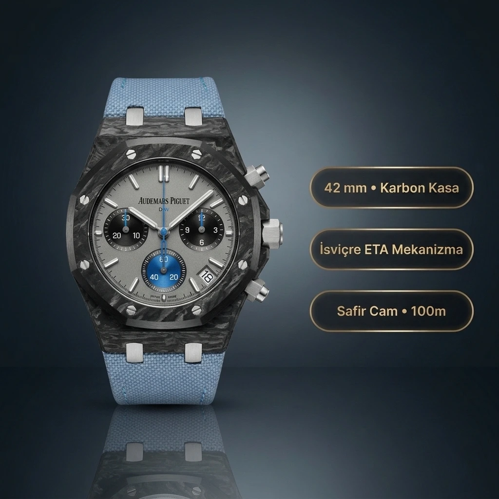 Audemars Piguet DiW Royal Oak Chronograph 42 MM Siyah Karbon Kasa Karbon Bezel Gri Mavi Alt Kadran Mavi Kumaş Kordon Super Clone ETA Saat