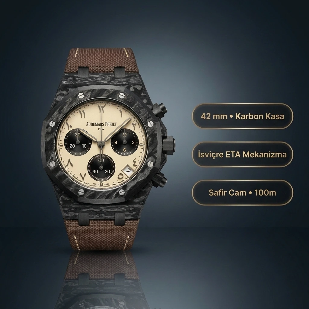Audemars Piguet DiW Royal Oak Chronograph 42 MM Siyah Karbon Kasa Karbon Bezel Krem Arap Rakamlı Panda Kadran Kahverengi Kumaş Kordon Super Clone ETA Saat