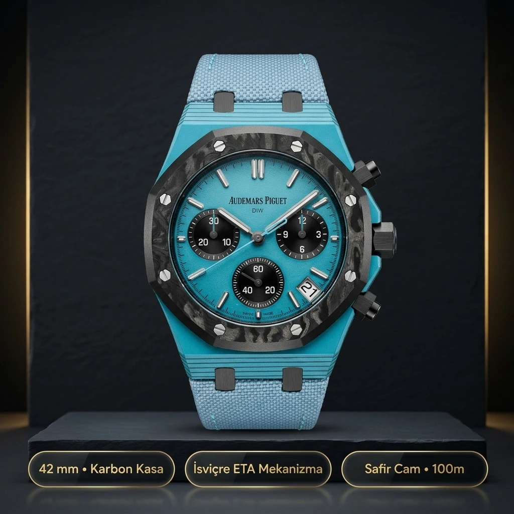Audemars Piguet DiW Royal Oak Chronograph 42 MM Turkuaz Mavi Karbon Kasa Karbon Bezel Turkuaz Siyah Alt Kadran Mavi Kumaş Kordon Super Clone ETA Saat