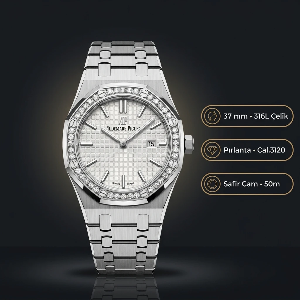 Audemars Piguet Royal Oak Bayan Beyaz Kadranlı Çelik Elmas Bezel Super Clone ETA Saat