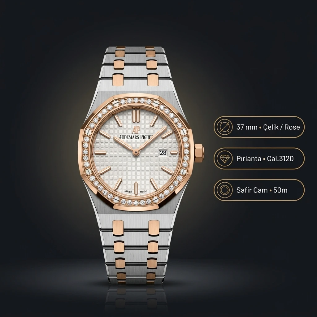 Audemars Piguet Royal Oak Bayan Gümüş Kadranlı Rose Gold Super Clone ETA Saat