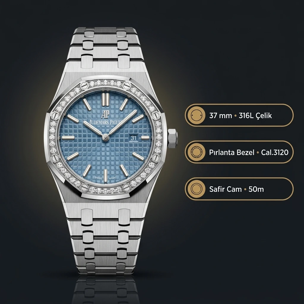 Audemars Piguet Royal Oak Bayan Mavi Kadranlı Çelik Elmas Bezel Super Clone ETA Saat