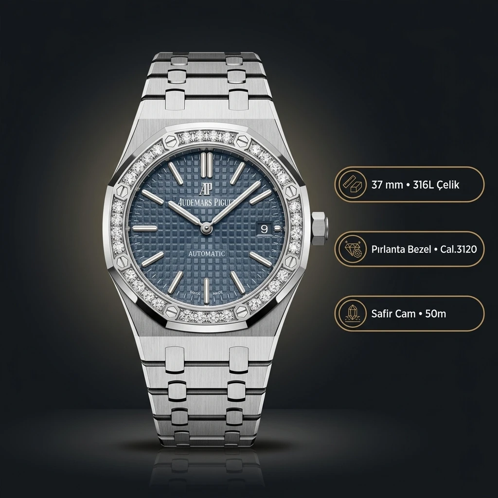 Audemars Piguet Royal Oak Bayan Mavi Kadranlı Çelik Elmas Bezel Işıltı Super Clone ETA Saat