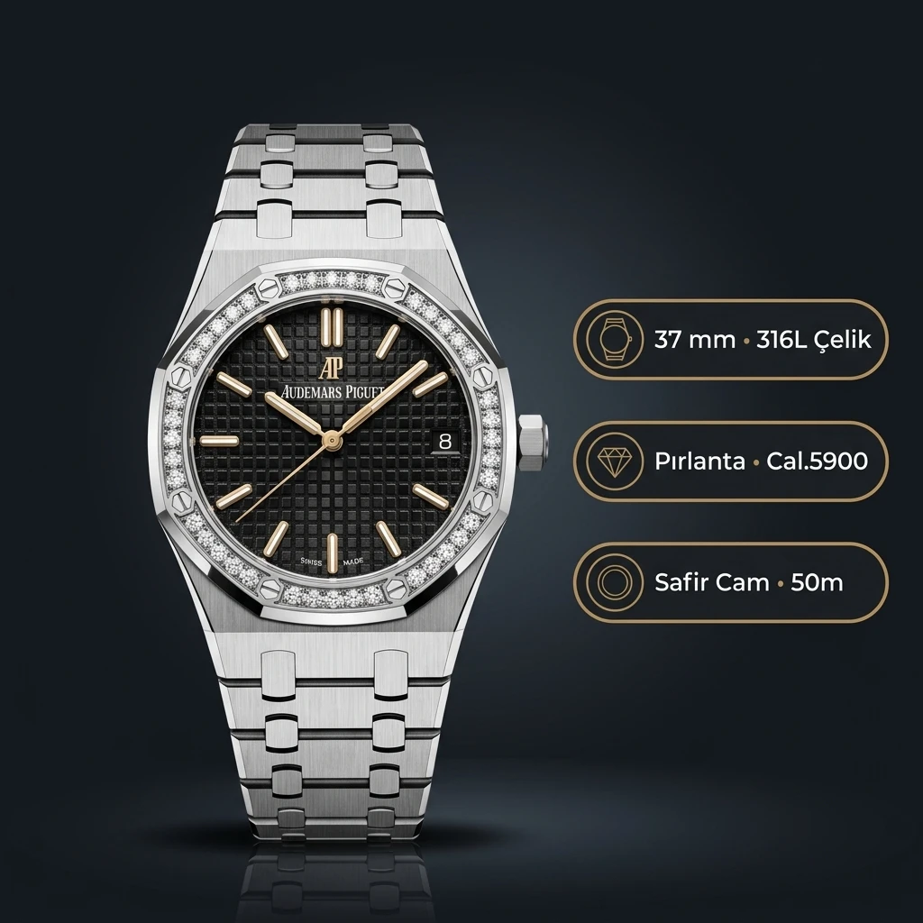 Audemars Piguet Royal Oak Bayan Siyah Kadranlı Çelik Elmas Bezel Klasik Super Clone ETA Saat