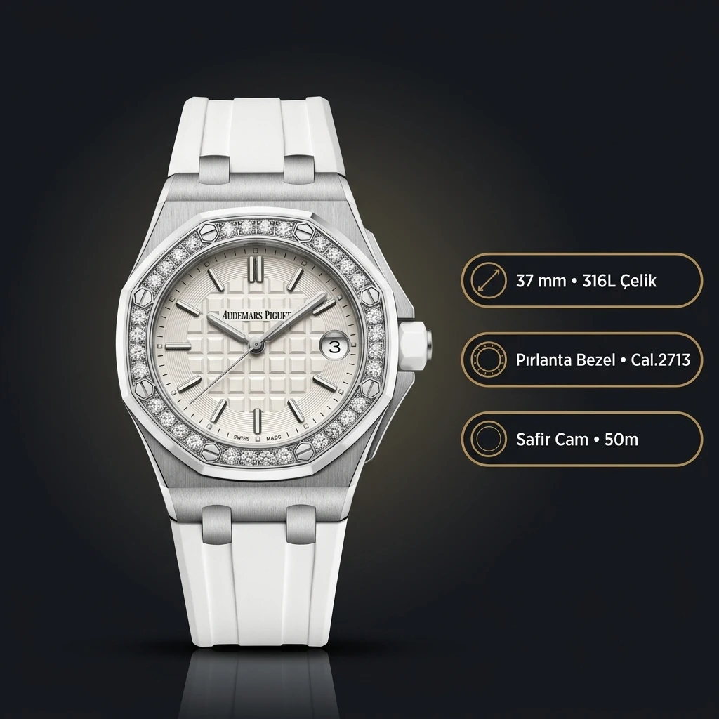Audemars Piguet Royal Oak Offshore Bayan Beyaz Kadranlı Çelik Elmas Bezel Super Clone ETA Saat