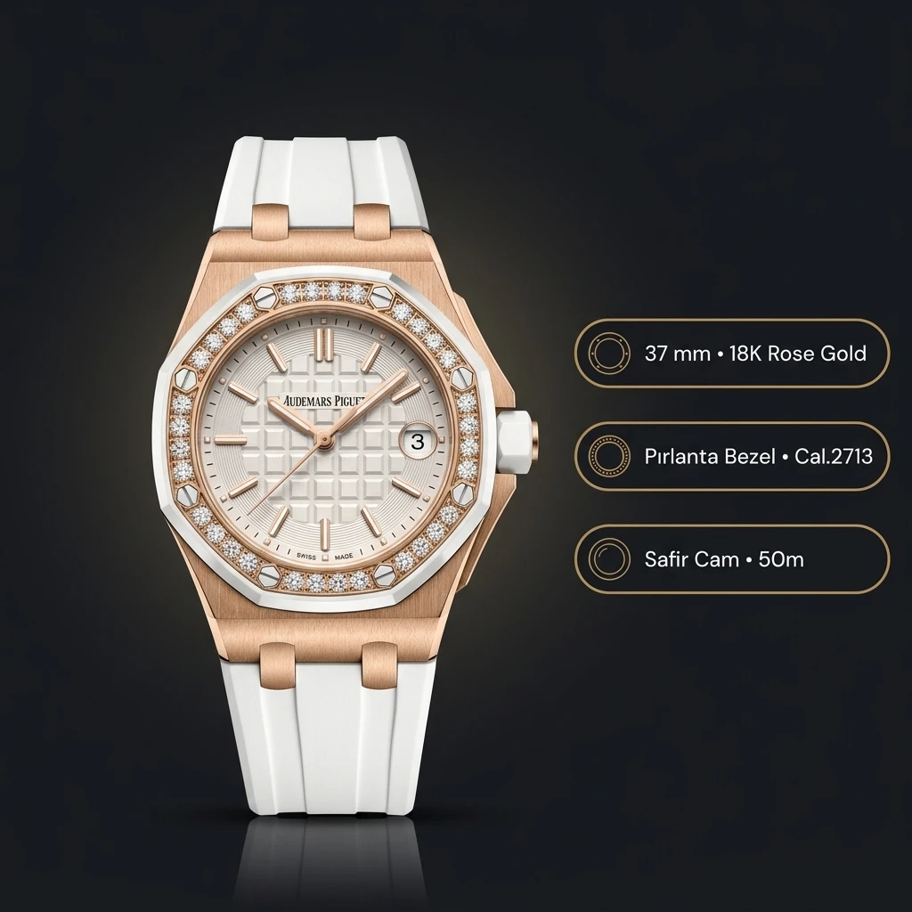 Audemars Piguet Royal Oak Offshore Bayan Beyaz Kadranlı Rose Gold Elmas Bezel Super Clone ETA Saat