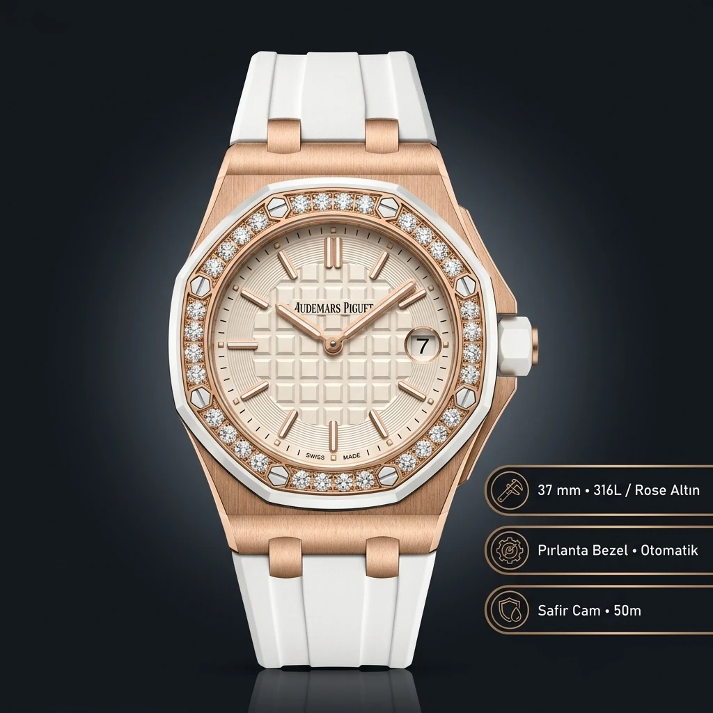 Audemars Piguet Royal Oak Offshore Bayan Krem Kadranlı Rose Gold Elmas Bezel Super Clone ETA Saat