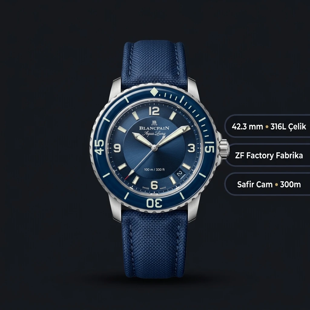Blancpain Fifty Fathoms Mavi Kadran Kauçuk Kordon Super Clone ETA Saat