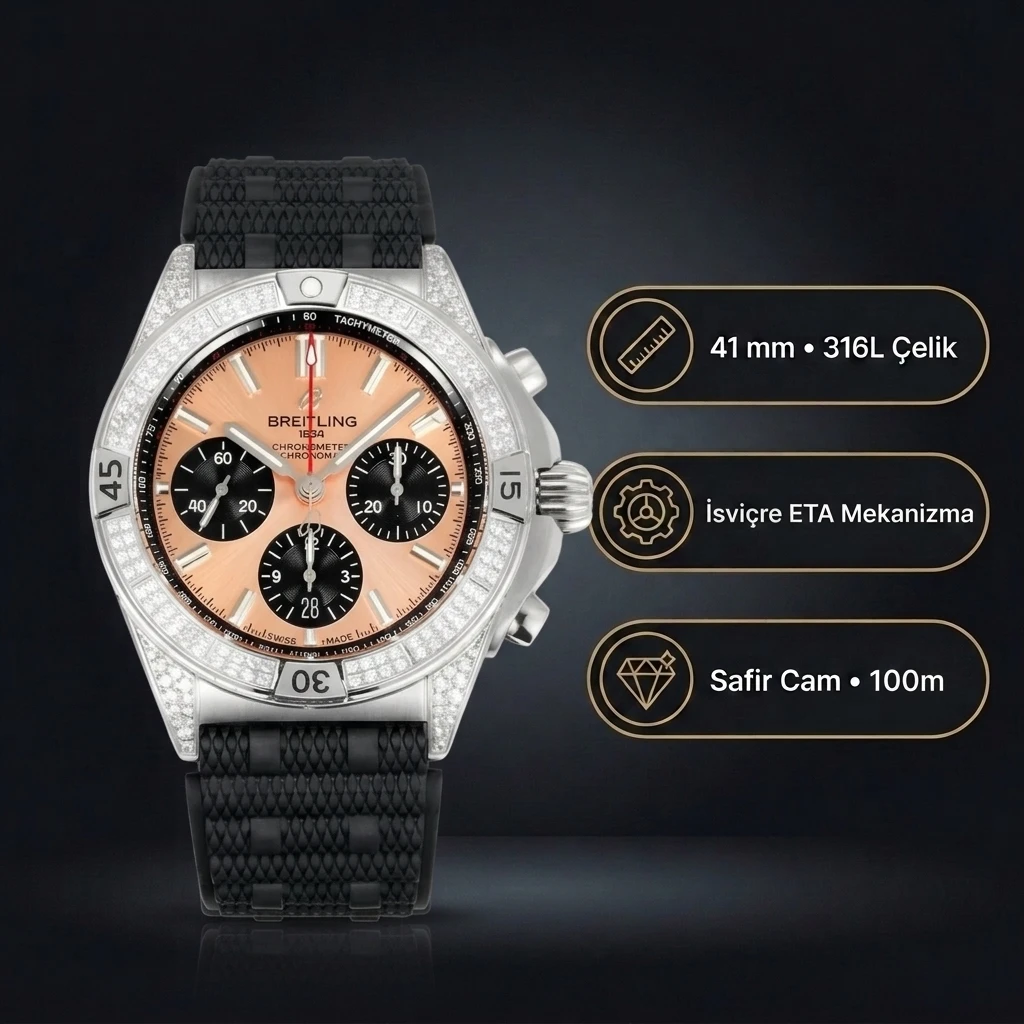 Breitling Chronomat B01 42 Bakır Kadran Diamond Bezel Kauçuk Kordon AB0134101K1S1 Super Clone ETA Saat