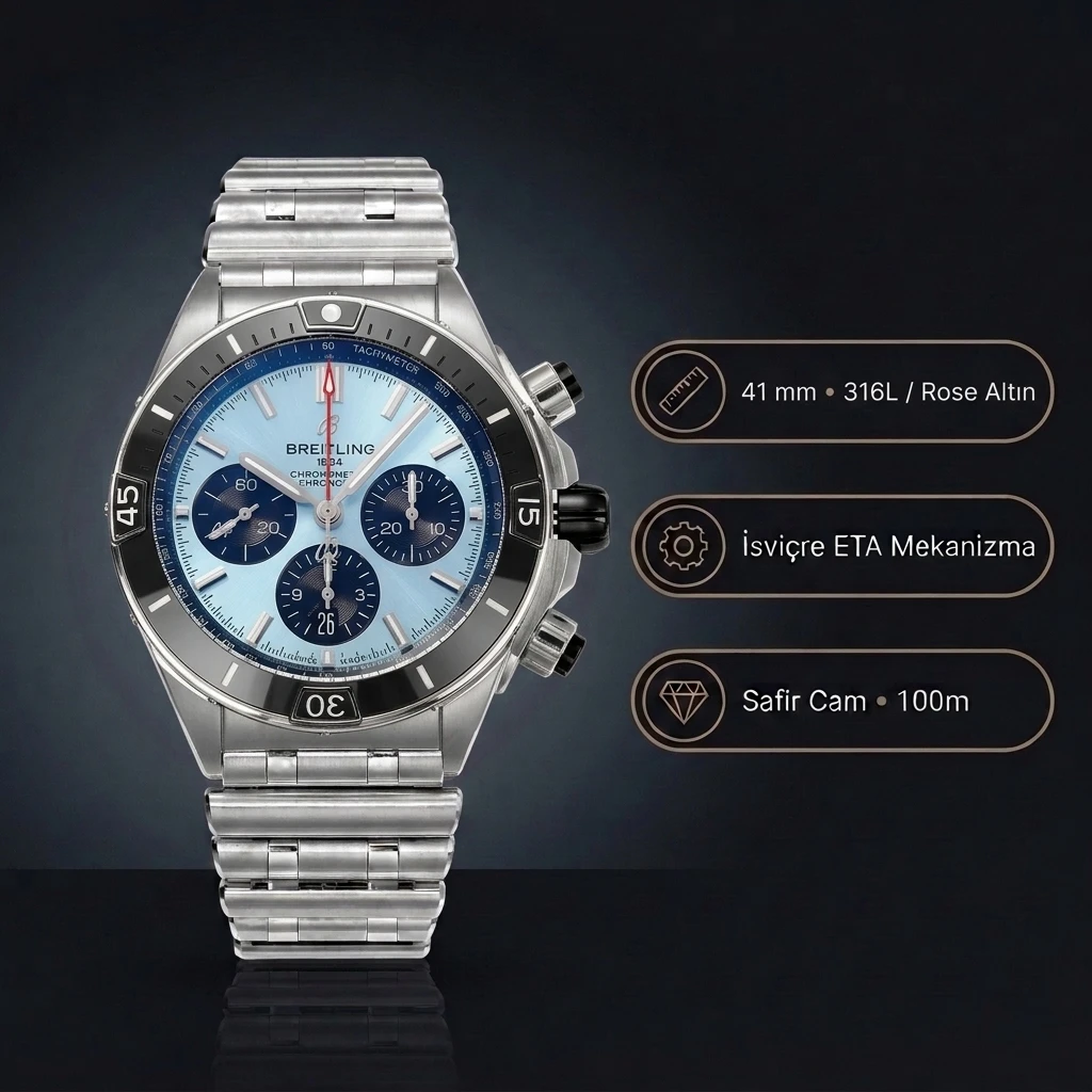 Breitling Chronomat B01 42 Buz Mavisi Kadran Rose Gold PB0136251C1S1 Super Clone ETA Saat