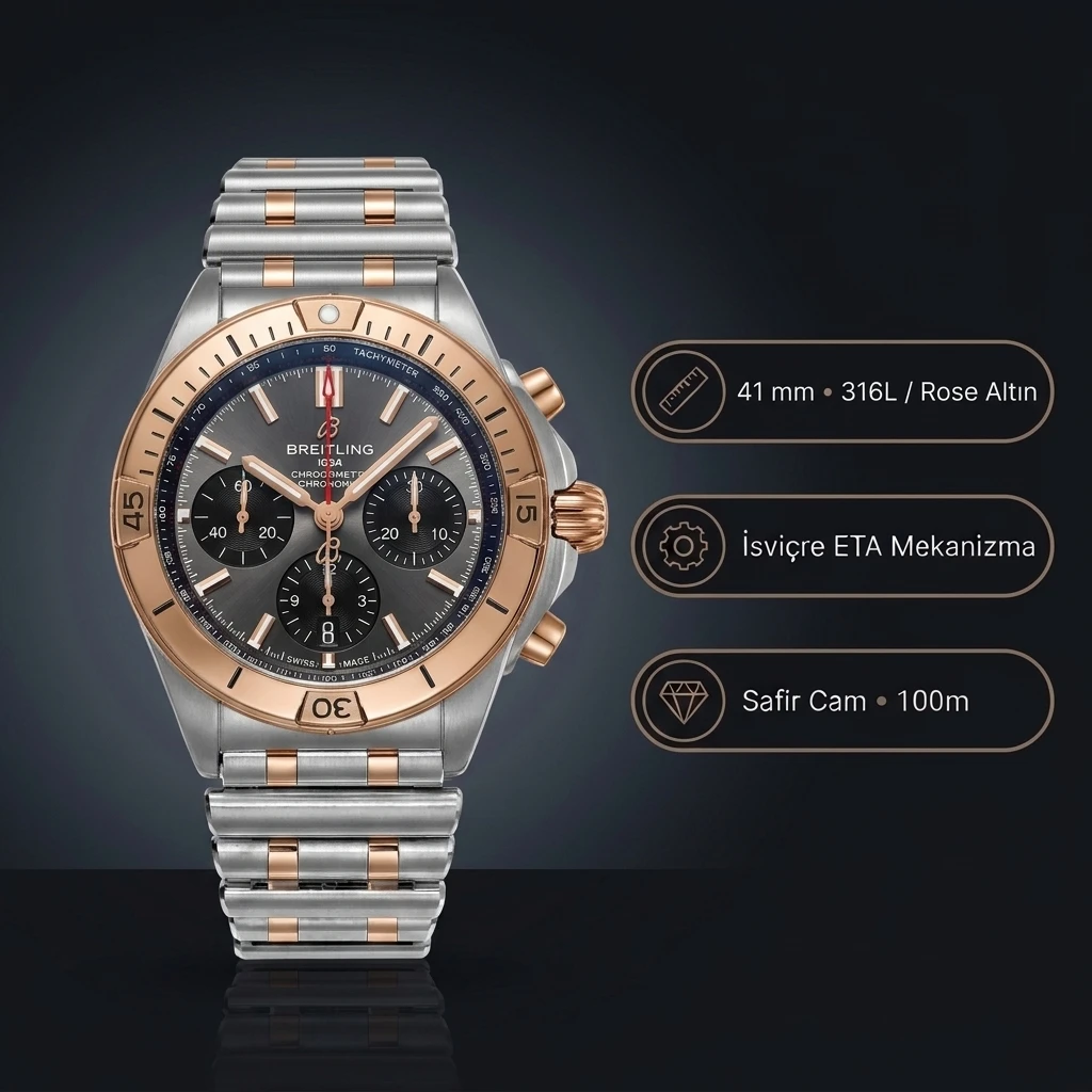 Breitling Chronomat B01 42 Çelik Rose Gold Antrasit Kadran UB0134101B1U1 Super Clone ETA Saat