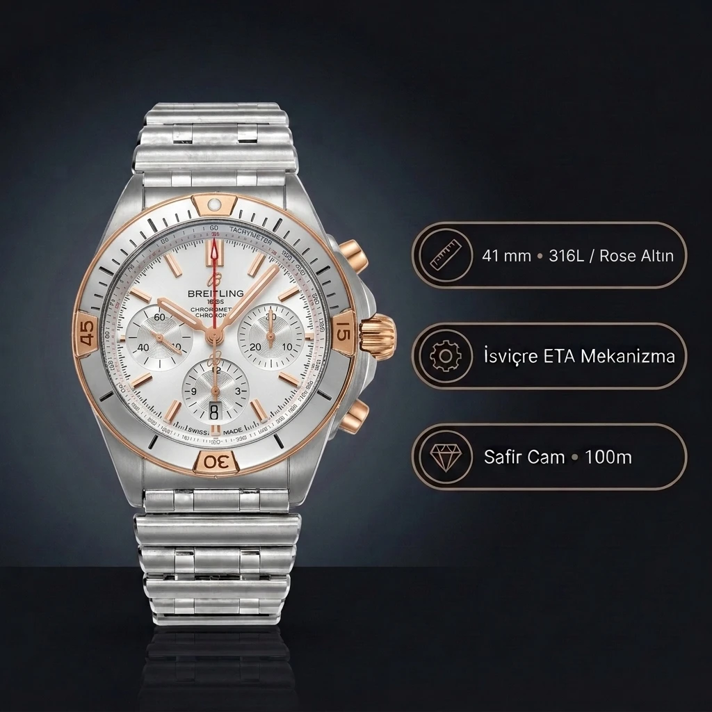 Breitling Chronomat B01 42 Çelik Rose Gold Beyaz Kadran IB0134101G1A1 Super Clone ETA Saat