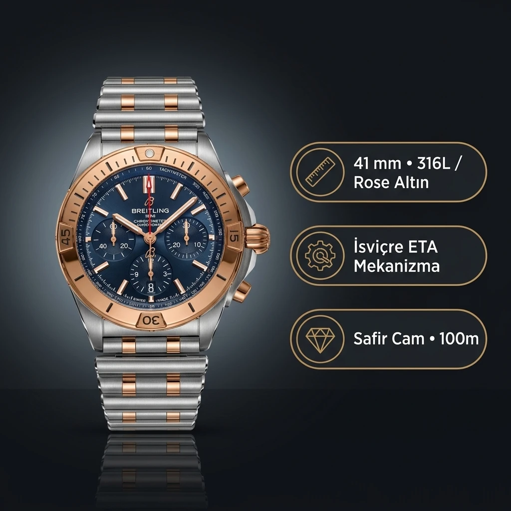 Breitling Chronomat B01 42 Çelik Rose Gold Mavi Kadran UB0134101C1U1 Super Clone ETA Saat
