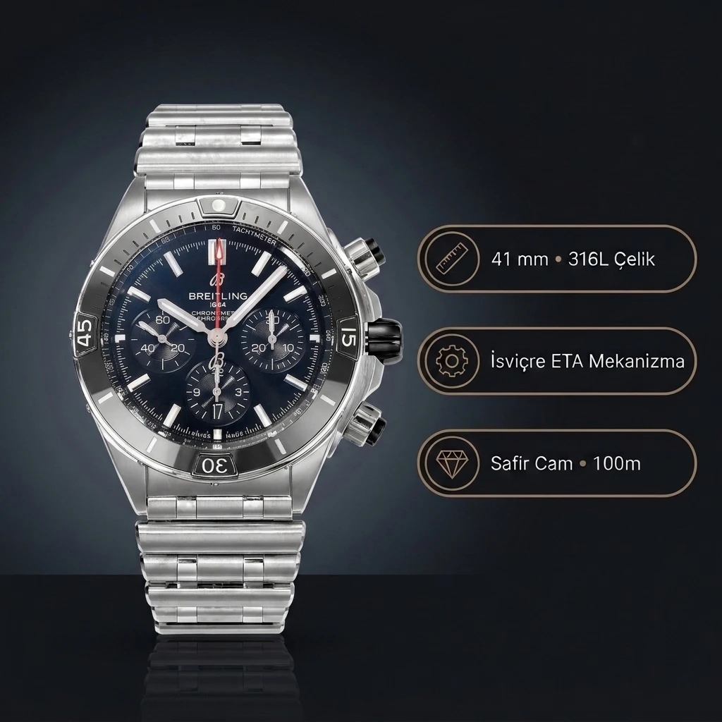 Breitling Chronomat B01 42 Mavi Kadran Çelik AB0134101B1A1 Super Clone ETA Saat