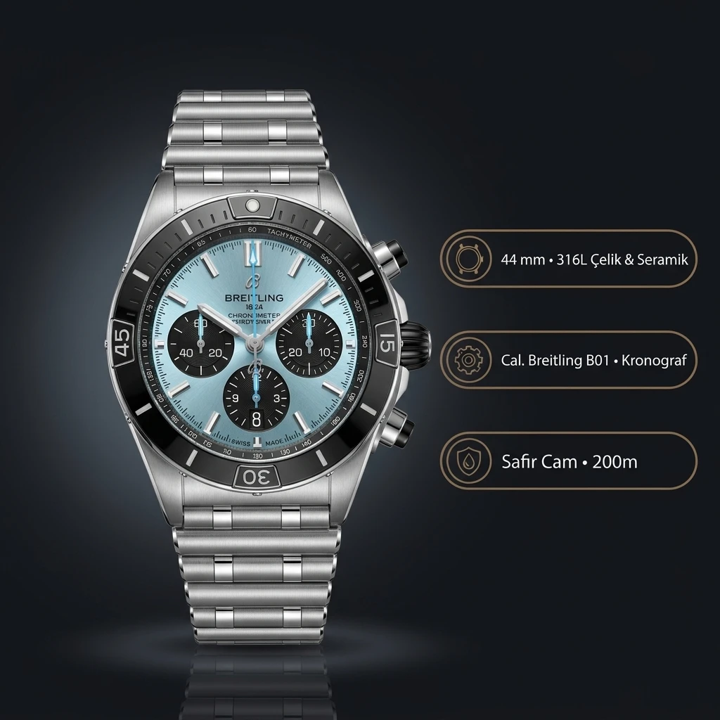 Breitling Chronomat B01 42 mm Buz Mavisi Chronograph Çelik PB0136251C1S1 Super Clone ETA Saat