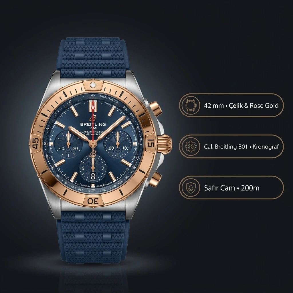Breitling Chronomat B01 42 mm Gümüş Chronograph Mavi Nato AB0134101G1A1 Super Clone ETA Saat