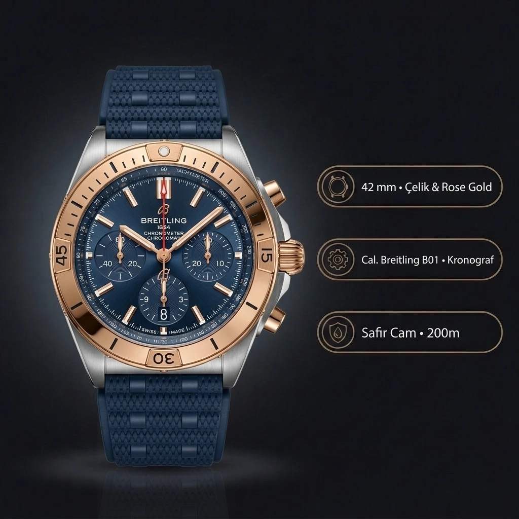 Breitling Chronomat B01 42 mm Rose Kahve Chronograph Kauçuk Kordon Parlak UB0134101C1U1 Super Clone ETA Saat