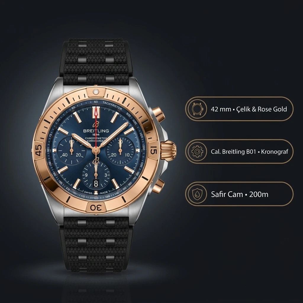 Breitling Chronomat B01 42 mm Rose Kahve Chronograph Kauçuk Kordon UB0134101C1U1 Super Clone ETA Saat
