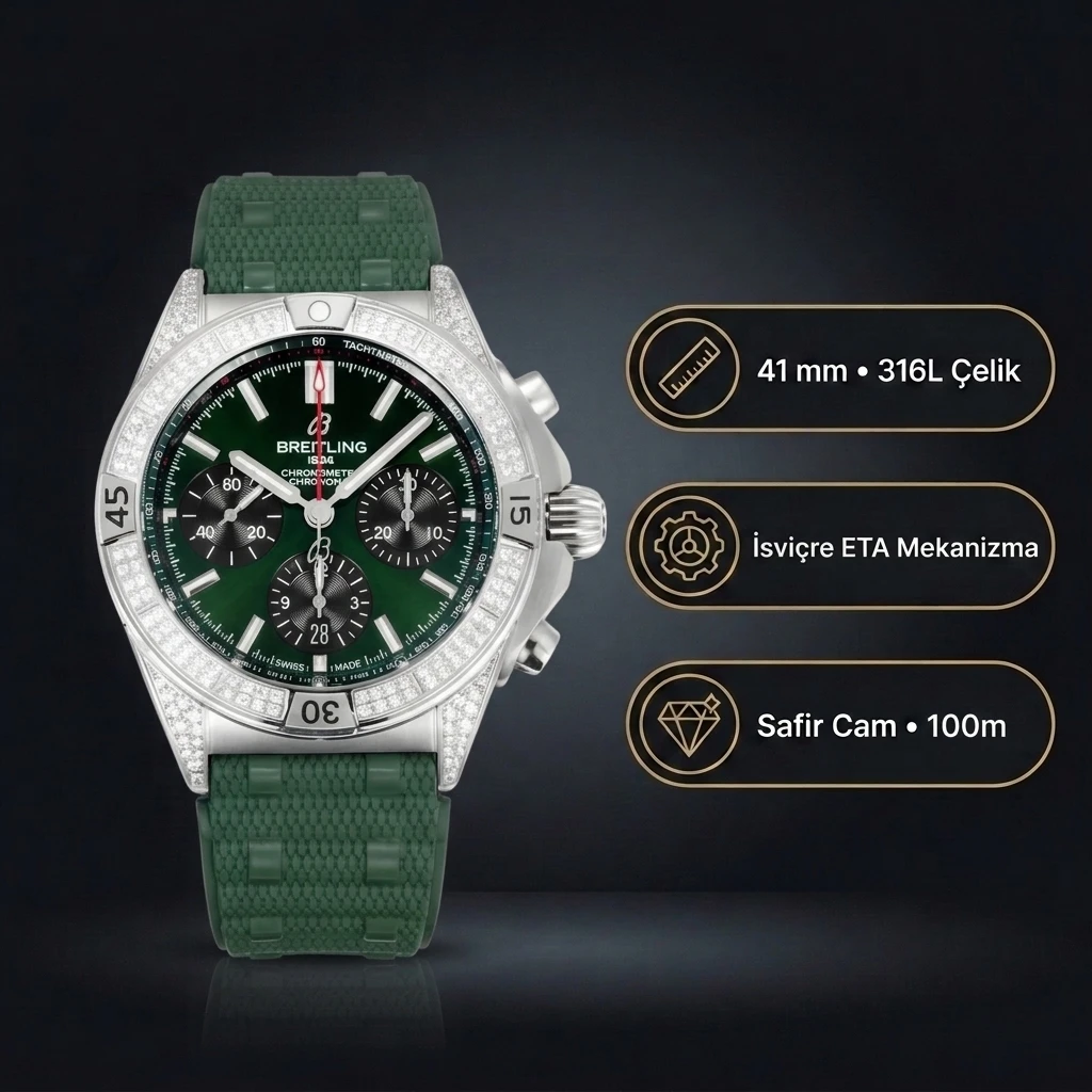 Breitling Chronomat B01 42 Yeşil Kadran Diamond Bezel Kauçuk Kordon AB0134101L2S1 Super Clone ETA Saat