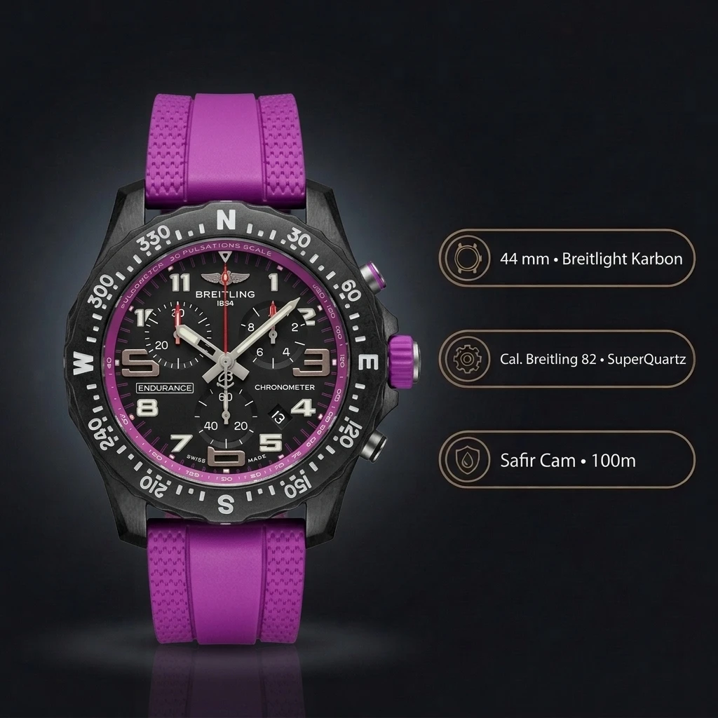 Breitling Endurance Pro 44 mm Siyah Chronograph Mor Kauçuk Kordon X82310D51B1S1 Super Clone ETA Saat