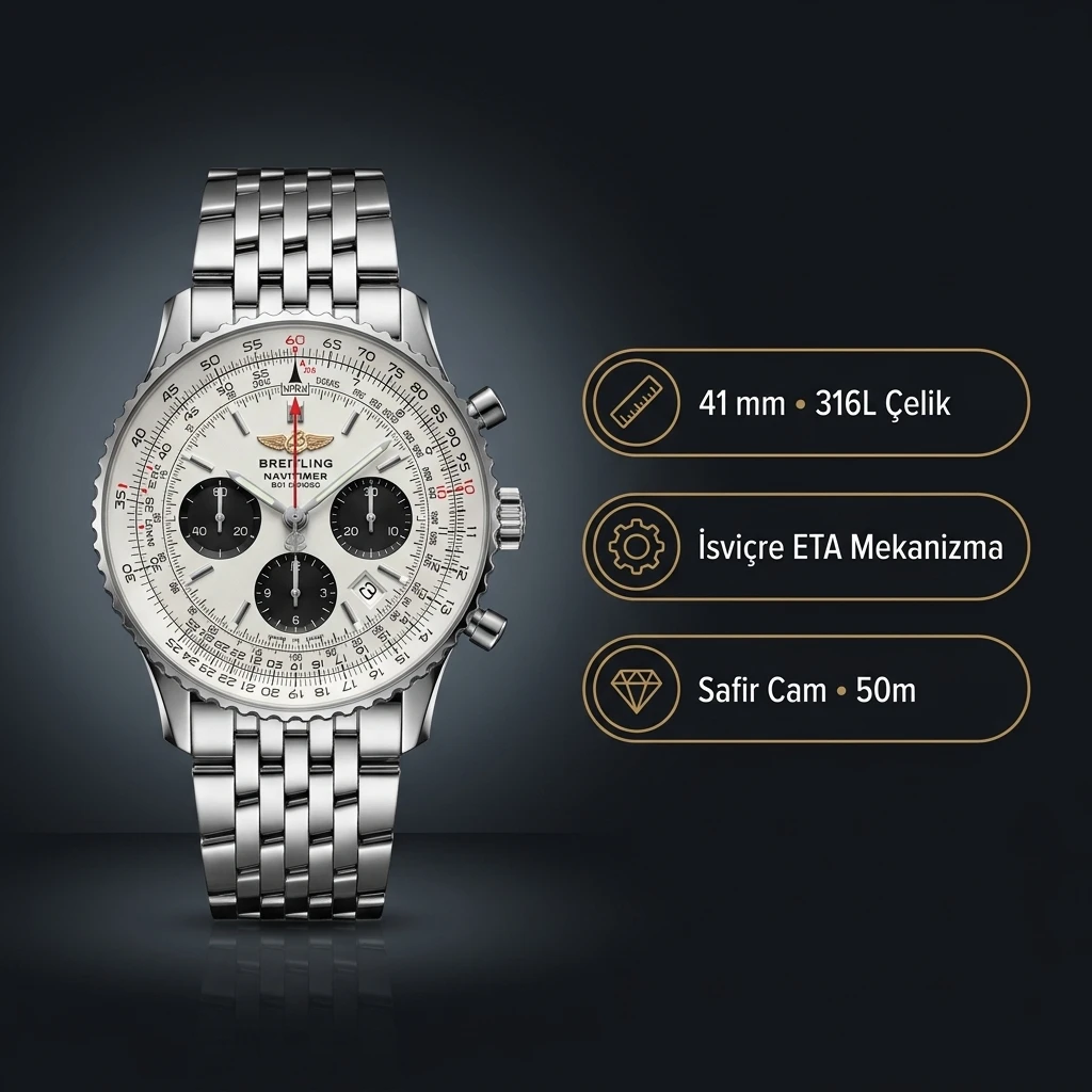 Breitling Navitimer Ab0120 Çelik Kasa Beyaz Kadran Kordon Super Clone ETA Saat