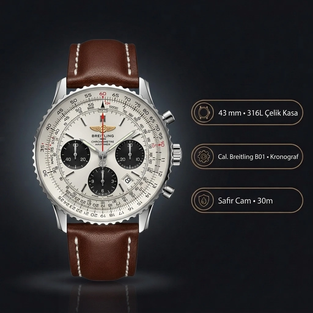 Breitling Navitimer B01 43 mm Beyaz Chronograph Kahve Deri AB0138211G1P1 Super Clone ETA Saat