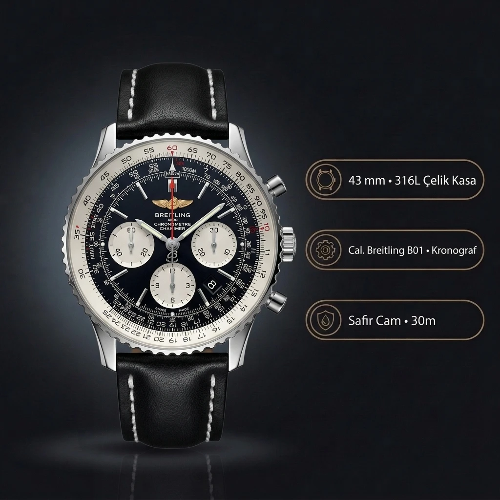 Breitling Navitimer B01 43 mm Mavi Chronograph Deri AB0138211C1P1 Super Clone ETA Saat