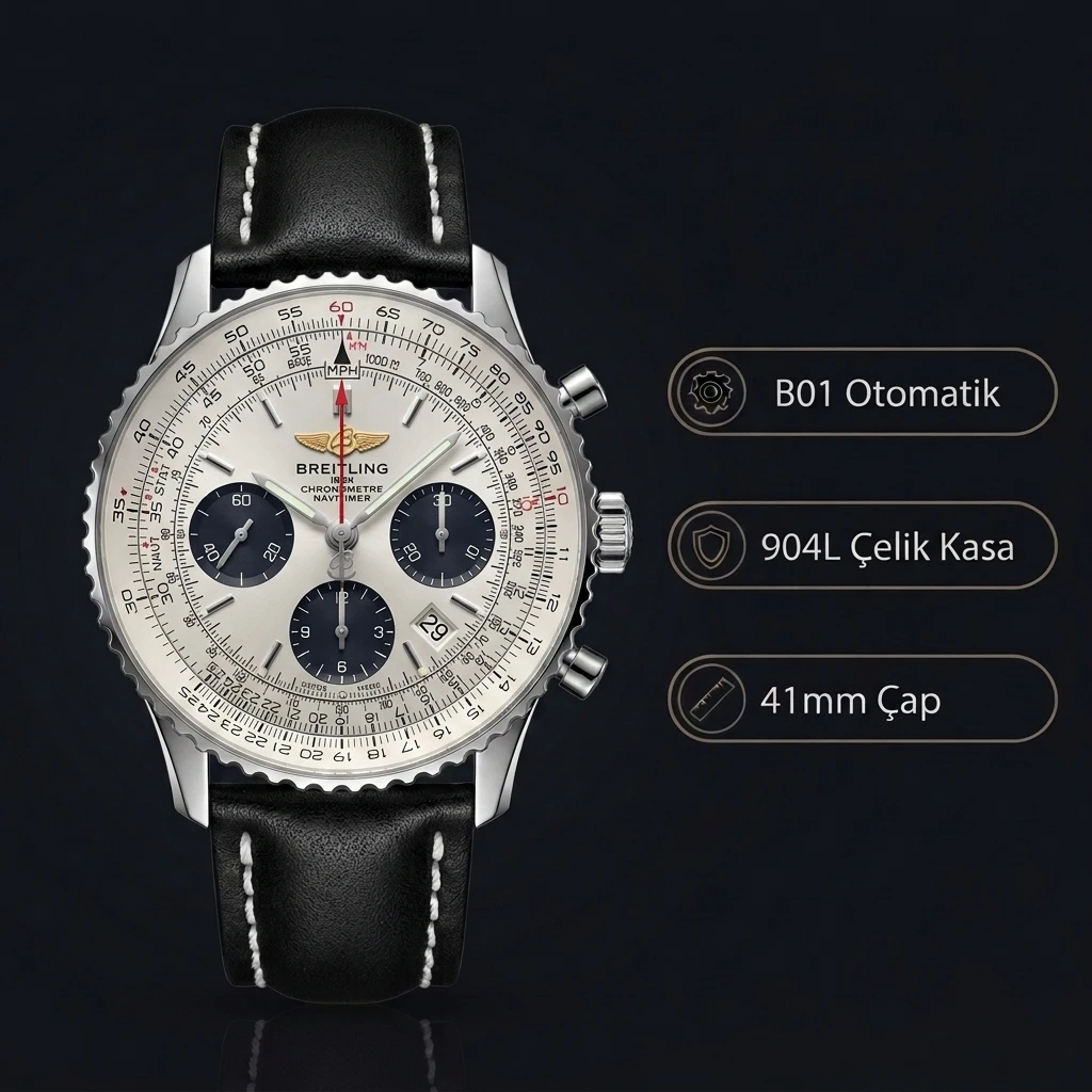 Breitling Navitimer Chronograph Beyaz Kadran Çelik Super Clone ETA Saat