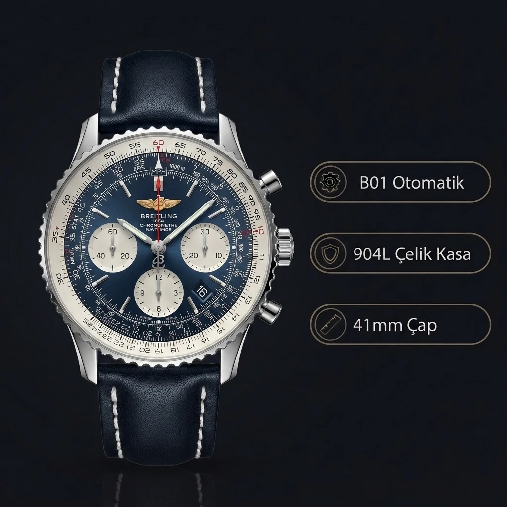 Breitling Navitimer Chronograph Mavi Kadran Çelik Super Clone ETA Saat
