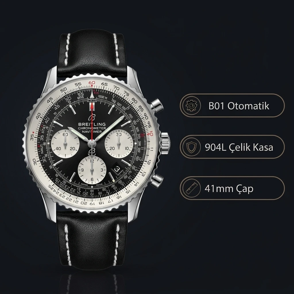 Breitling Navitimer Chronograph Siyah Kadran Çelik Super Clone ETA Saat