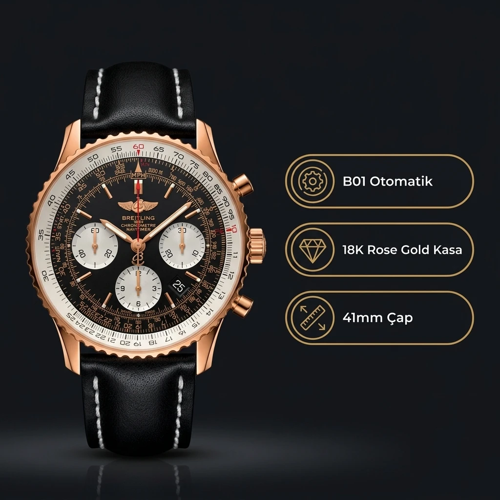 Breitling Navitimer Chronograph Siyah Kadran Gold Super Clone ETA Saat