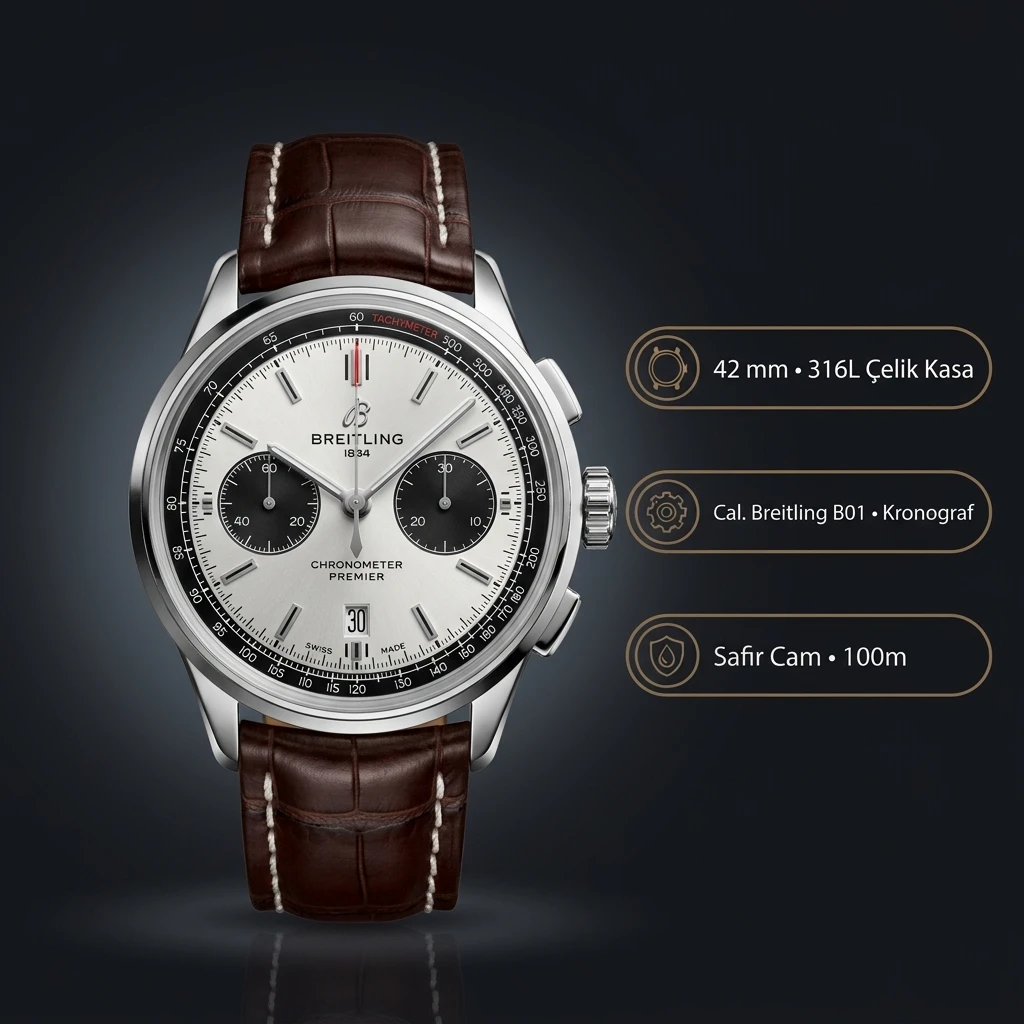 Breitling Premier B01 42 mm Beyaz Chronograph Kahve Deri AB0118221L1P1 Super Clone ETA Saat