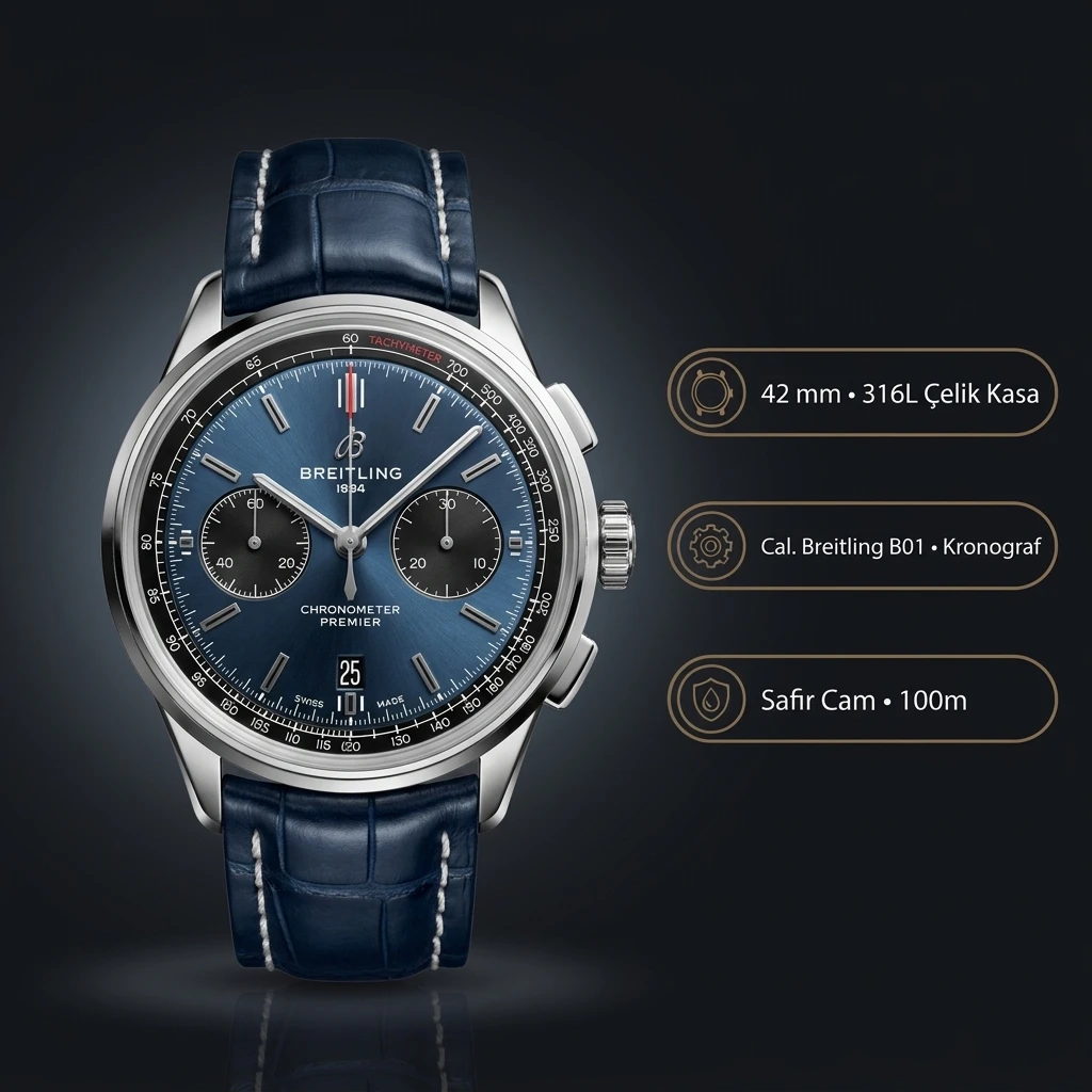 Breitling Premier B01 42 mm Mavi Chronograph Deri AB0118371B1X1 Super Clone ETA Saat