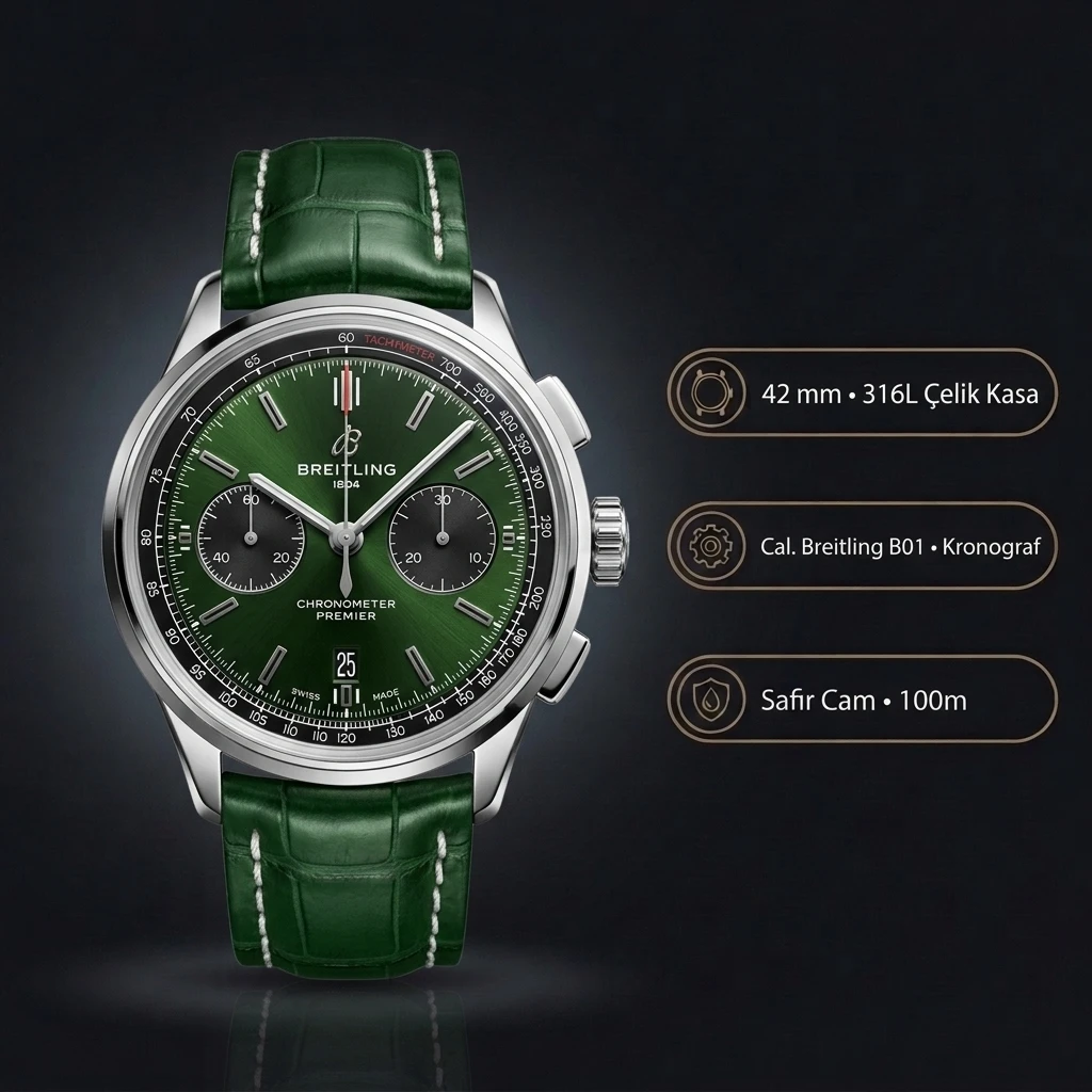 Breitling Premier B01 42 mm Yeşil Chronograph Deri AB0118A21B1X1 Super Clone ETA Saat