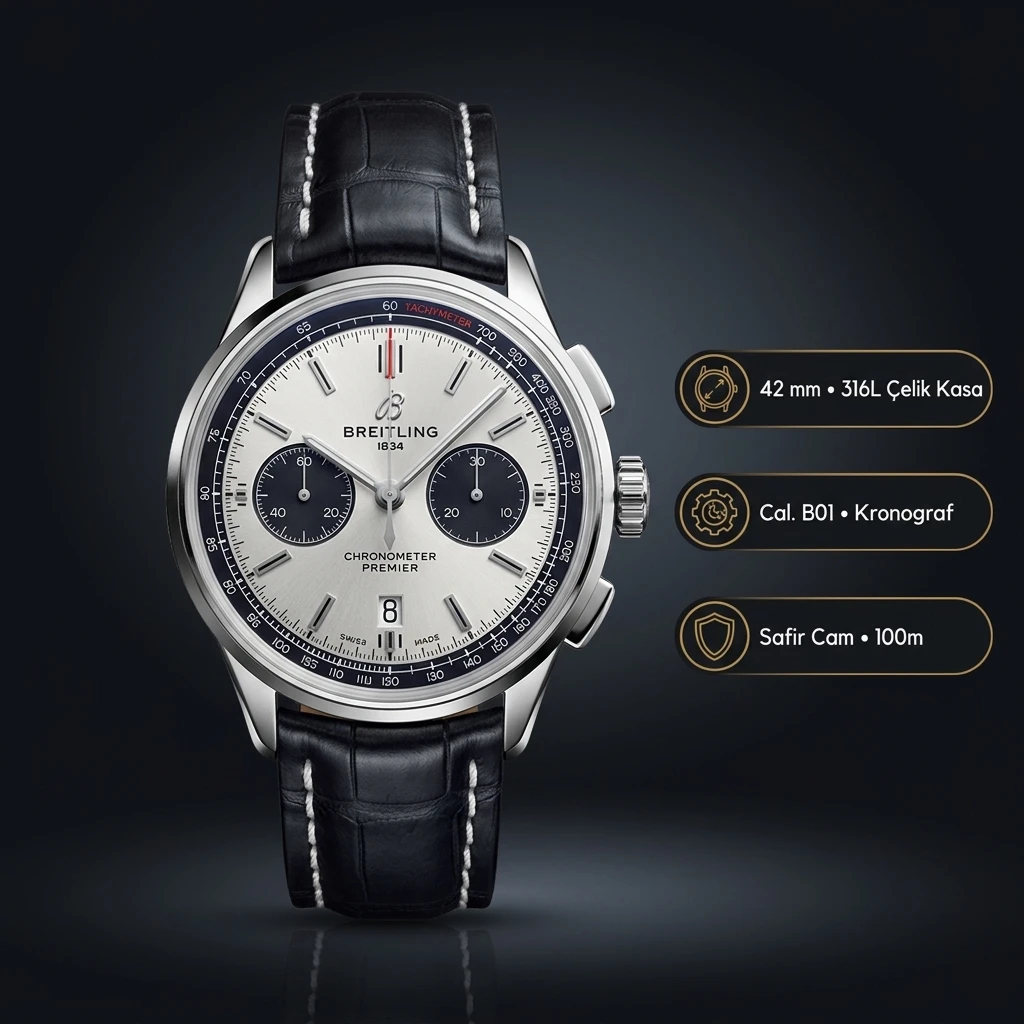 Breitling Premier Beyaz Kadran Mavi Deri Super Clone ETA Saat