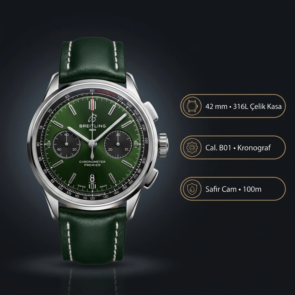 Breitling Premier Yeşil Kadran Yeşil Deri Super Clone ETA Saat