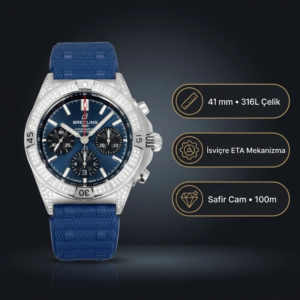 Breitling Super Chronomat B01 44 Mavi Kadran Diamond Bezel Kauçuk Kordon AB0136241B1S1 Super Clone ETA Saat
