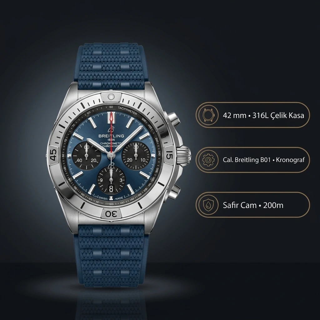 Breitling Super Chronomat B01 44 mm Mavi Chronograph Kauçuk Kordon AB0136241B1S1 Super Clone ETA Saat